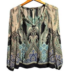 Boho Rose+Olive Navy Turquoise Paisley Blouse Size XS Office Work Professional